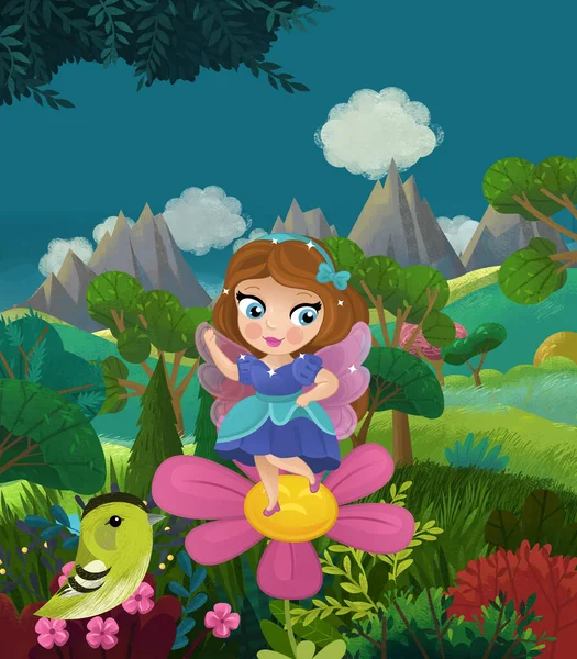 Cartoon Happy Fairy Tale Scene Nature Forest Funny Elf Illustration — Stockfoto