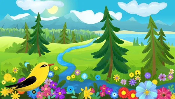 Desenho Animado Feliz Conto Fadas Cena Com Natureza Floresta Pássaro — Fotografia de Stock