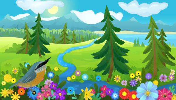 Cartoon Happy Fairy Tale Scene Nature Forest Funny Bird Meadow — Stock Photo, Image