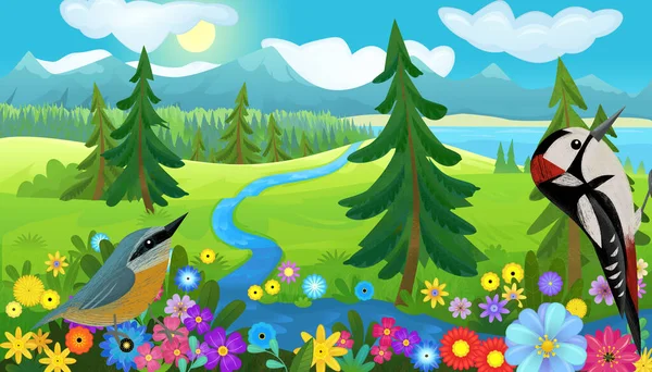 Cartoon Fröhliche Märchenszene Mit Naturwald Und Lustigem Vogel Auf Der — Stockfoto