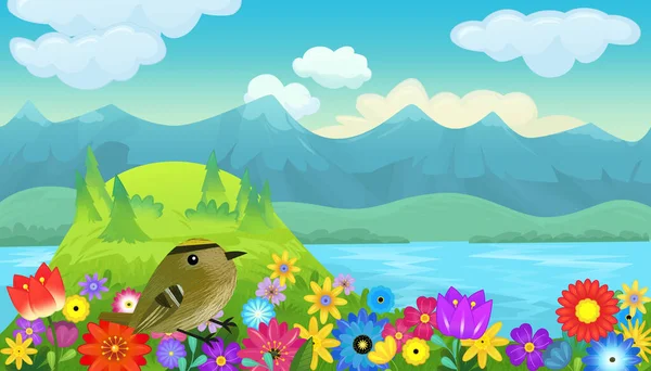 Kreslený Šťastný Pohádka Scéna Přírodou Les Zábavný Pták Louce Ilustrace — Stock fotografie