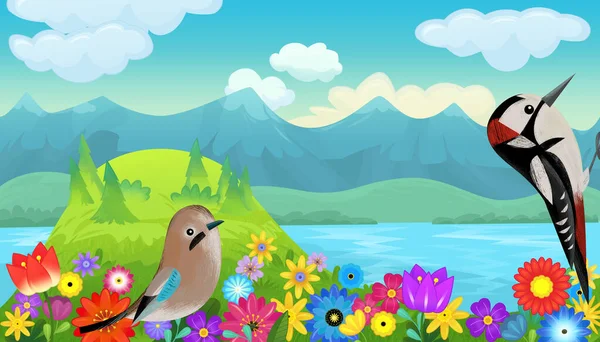 Kreslený Šťastný Pohádka Scéna Přírodou Les Zábavný Pták Louce Ilustrace — Stock fotografie
