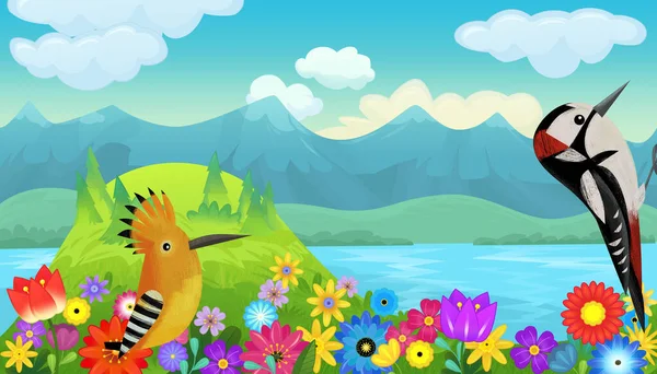 卡通片童话般的自然森林和草地上有趣的小鸟为孩子们描绘的快乐童话场景 — 图库照片