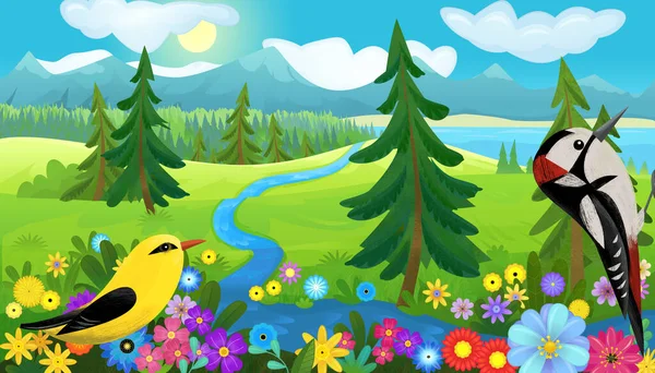 卡通片童话般的自然森林和草地上有趣的小鸟为孩子们描绘的快乐童话场景 — 图库照片