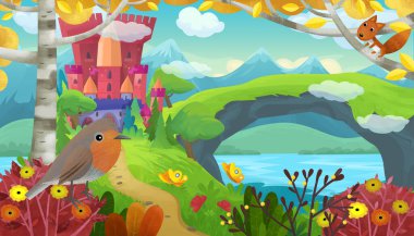 Çizgi film sahnesinde çocuklar için sihirli şato resimlerinin yanında gülümseyen bir cüce vardı.