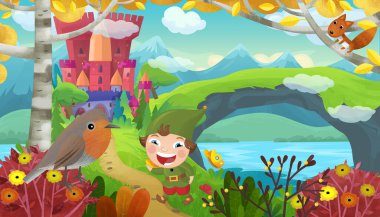 Çizgi film sahnesinde çocuklar için sihirli şato resimlerinin yanında gülümseyen bir cüce vardı.