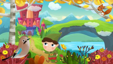 Çizgi film sahnesinde çocuklar için sihirli şato resimlerinin yanında gülümseyen bir cüce vardı.