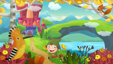 Çizgi film sahnesinde çocuklar için sihirli şato resimlerinin yanında gülümseyen bir cüce vardı.