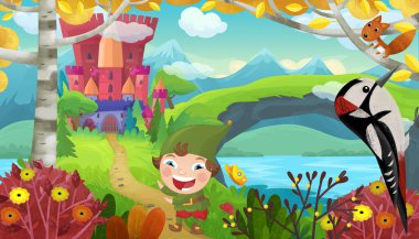 Çizgi film sahnesinde çocuklar için sihirli şato resimlerinin yanında gülümseyen bir cüce vardı.