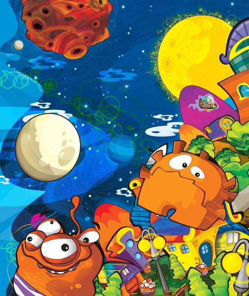 Kozmos Galaktik Uzaylı UFO 'sunun komik renkli karikatür sahnesi çocuklar için izole edilmiş