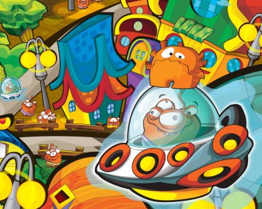 Kozmos Galaktik Uzaylı UFO 'sunun komik renkli karikatür sahnesi çocuklar için izole edilmiş