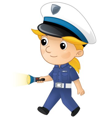 Çizgi film karakteri polis kızı çocuklar için izole bir illüstrasyon çiziyor