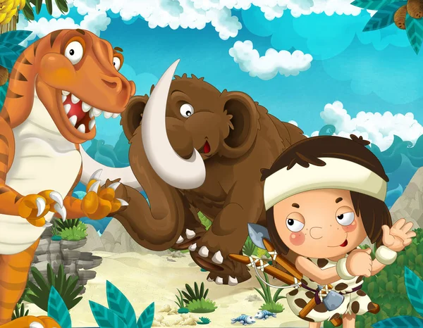 Cartoon scene of beach near the sea or ocean with prehistoric animal mammoth and caveman - illustration for children