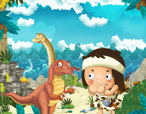 cartoon scene with caveman near the sea shore looking at some happy and funny giant dinosaur diplodocus or other swimming dinosaur - illustration for children