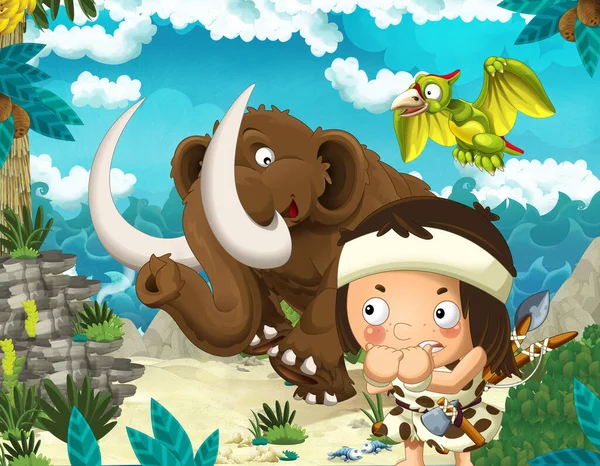 Cartoon Scene Beach Sea Ocean Prehistoric Animal Mammoth Caveman Illustration — Stock Photo, Image