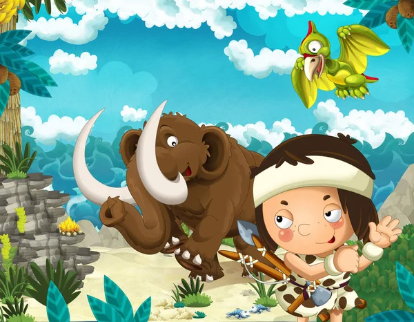 Cartoon scene of beach near the sea or ocean with prehistoric animal mammoth and caveman - illustration for children