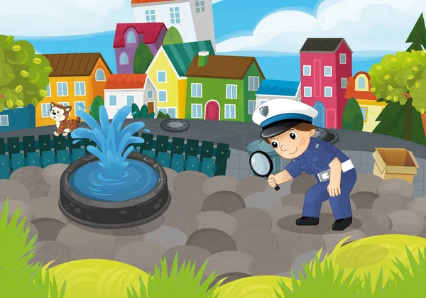 Escena Dibujos Animados Con Policía Niño Parque Ciudad Acción Ilustración —  Fotos de Stock