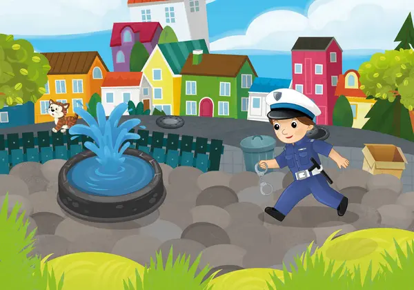 Cartoon Scene Met Politieagent Jongen Het Stadspark Actie Illustratie Voor — Stockfoto
