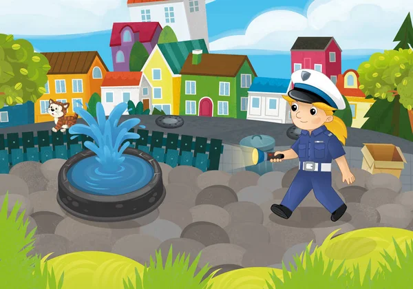 Scène Dessin Animé Avec Policier Fille Dans Parc Ville Action — Photo