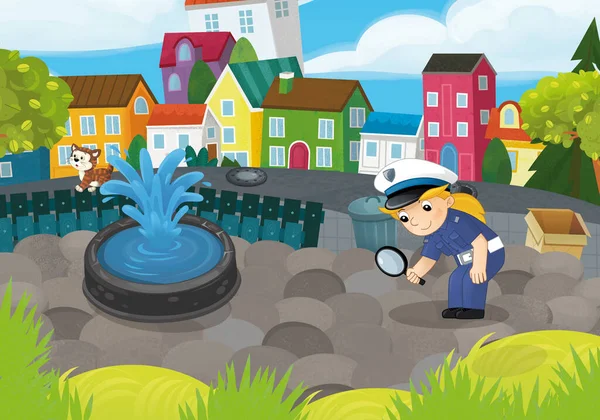 Tecknad Scen Med Polis Flicka Stadsparken Aktion Illustration För Barn — Stockfoto