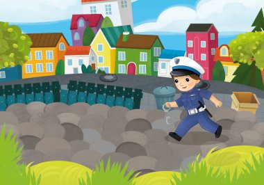 Parktaki polis kızıyla çizgi film sahnesi çocuklar için aksiyon illüstrasyonunda.