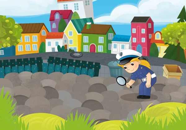 Kreskówka Scena Policjantką Dziewczyna Miejskim Parku Akcji Ilustracja Dla Dzieci — Zdjęcie stockowe