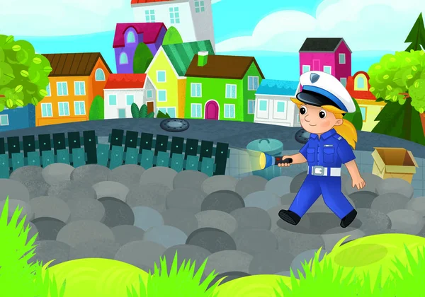 Zeichentrickszene Mit Polizistenmädchen Stadtpark Aktion Illustration Für Kinder — Stockfoto