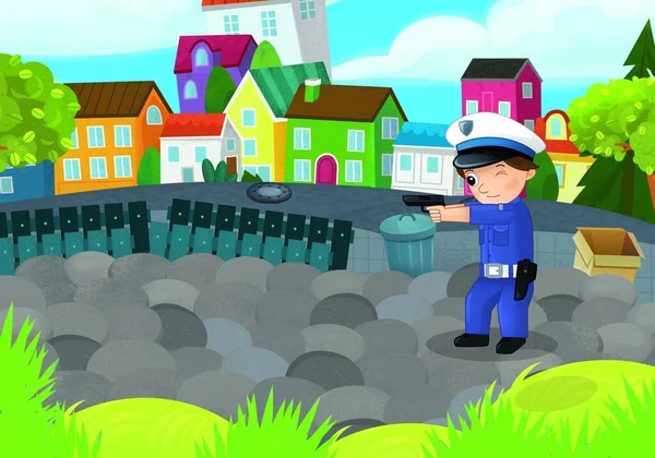 Zeichentrickszene Mit Polizistenmädchen Stadtpark Aktion Illustration Für Kinder — Stockfoto