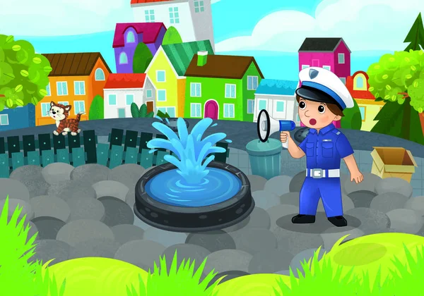 Scena Dei Cartoni Animati Con Ragazza Poliziotto Nel Parco Cittadino — Foto Stock