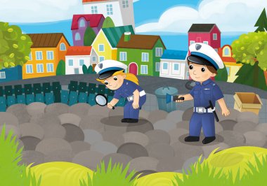 Şehir parkında polis kız ve oğlanın olduğu karikatür sahnesi çocuklar için eylem illüstrasyonunda