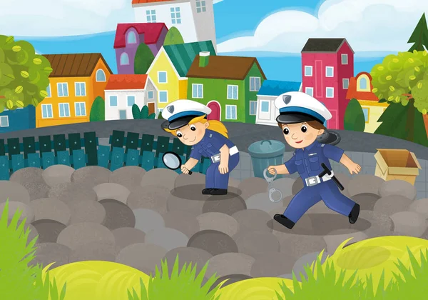 Escena Dibujos Animados Con Policías Niña Niño Parque Ciudad Acción — Foto de Stock