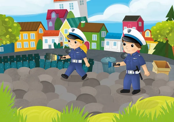Cartoon Scene Met Politieagenten Meisje Jongen Het Stadspark Actie Illustratie — Stockfoto