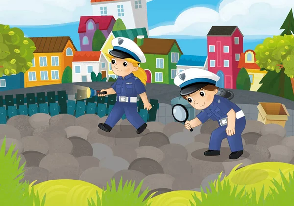 Scène Dessin Animé Avec Des Policiers Fille Garçon Dans Parc — Photo