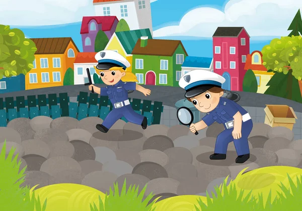 子供のためのアクションイラストで市の公園の警官少女と少年との漫画のシーン — ストック写真