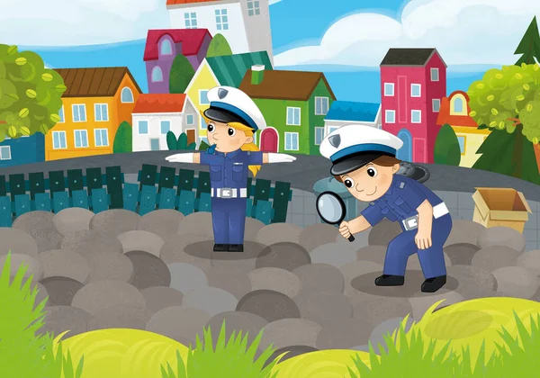 Cartoon Scene Policemen Girl Boy City Park Action Illustration Kids — Stock Photo, Image