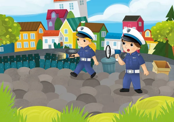 Cartoon Scene Met Politieagenten Meisje Jongen Het Stadspark Actie Illustratie — Stockfoto