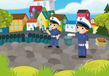 Şehir parkında polis kız ve oğlanın olduğu karikatür sahnesi çocuklar için eylem illüstrasyonunda