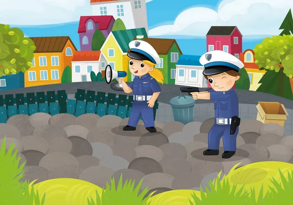 Scena Del Fumetto Con Poliziotti Ragazza Ragazzo Nel Parco Della — Foto Stock