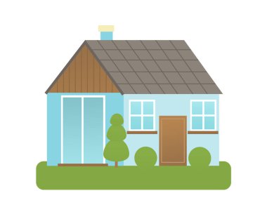 Şehir merkezli tek kişilik aile evinin olduğu karikatür sahnesi çocuklar için izole edilmiş.