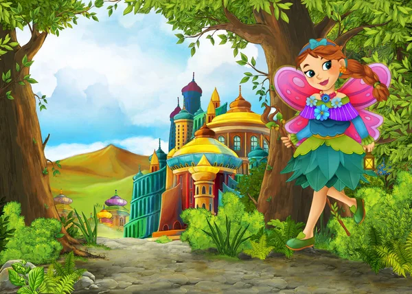 Cartoon Přírodní Scéna Krásným Zámkem Princem Princeznou Ilustrace Pro Děti — Stock fotografie