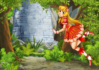 Karikatür doğa sahnesi. Prens ve prensesle güzel bir şato. Çocuklar için çizimler.