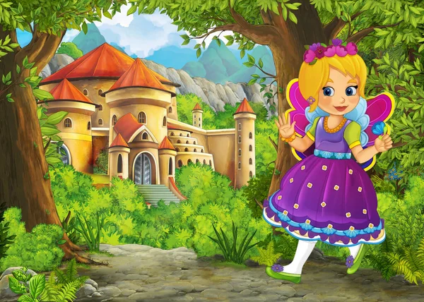 Cartoon Přírodní Scéna Krásným Zámkem Princem Princeznou Ilustrace Pro Děti — Stock fotografie