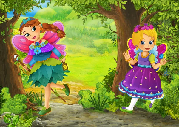 Kreslená Letní Scéna Loukou Lese Princem Princezna Ilustrace Pro Děti — Stock fotografie