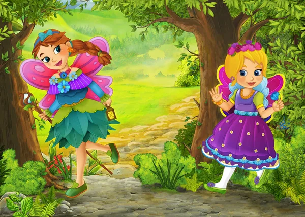Desenho Animado Cena Verão Com Prado Floresta Com Príncipe Princesa — Fotografia de Stock