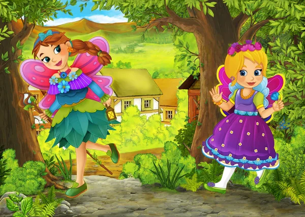 Cartoon Summer Scene Path Farm Village Prince Princess Illustration Children — Stock Photo, Image