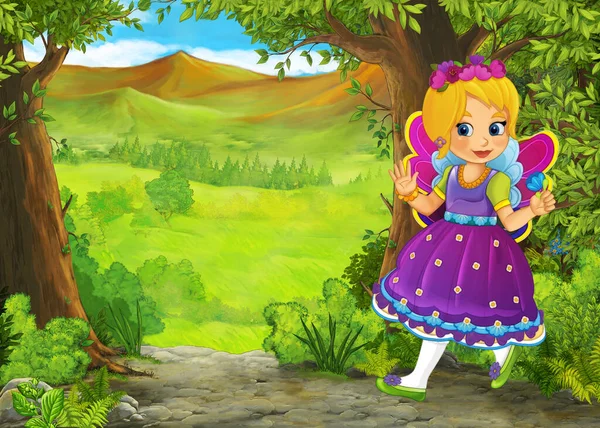 Rajzfilm Nyári Jelenet Rét Erdőben Herceg Hercegnő Illusztráció Gyerekeknek — Stock Fotó