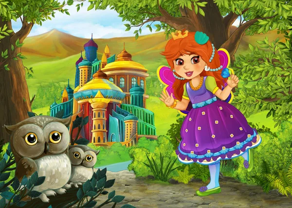森の近くの美しい城を持つフクロウと漫画のシーン 子供のためのイラスト — ストック写真
