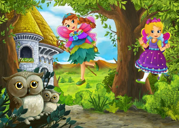 Cartoon Naturszene Mit Wunderschönem Schloss Mit Prinz Und Prinzessin Illustration — Stockfoto