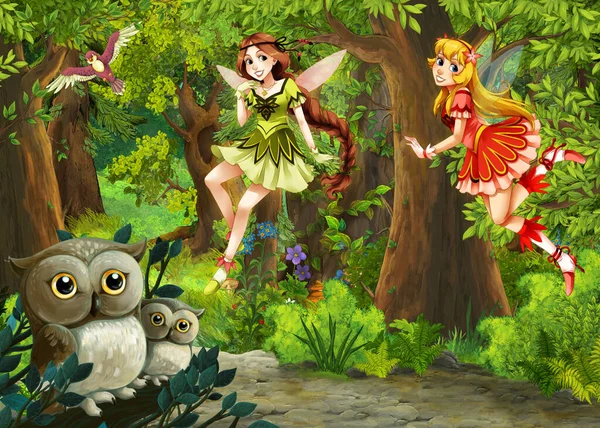 森の中のフクロウと漫画のシーンとどこかへのパス 子供のためのイラスト — ストック写真