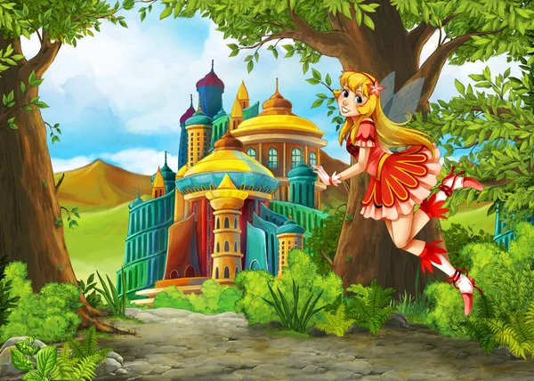 带有王子和公主的漂亮城堡的卡通自然场景 儿童插图 — 图库照片